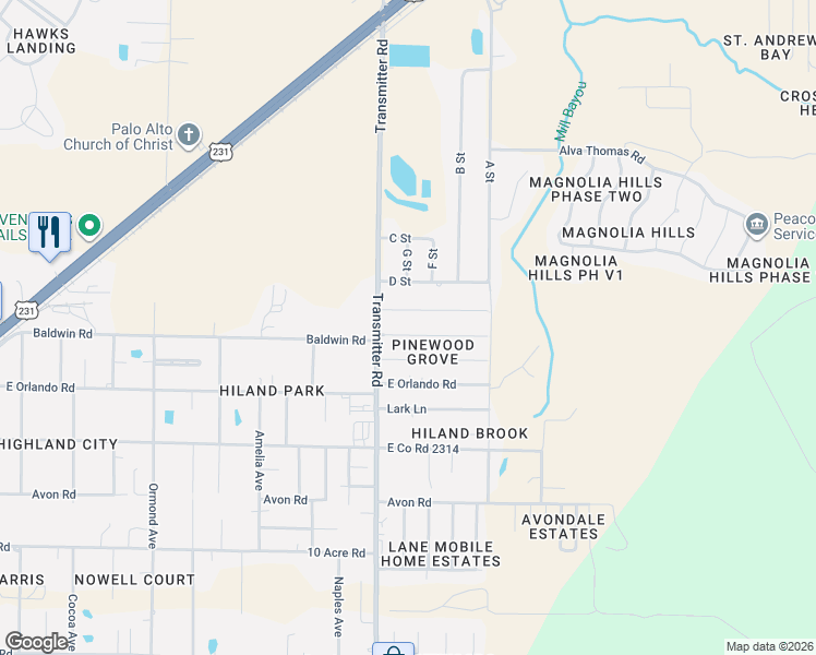 map of restaurants, bars, coffee shops, grocery stores, and more near 3523 East Baldwin Road in Panama City