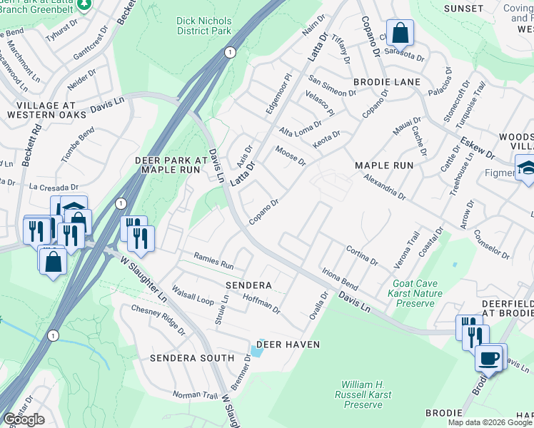 map of restaurants, bars, coffee shops, grocery stores, and more near 4428 Davis Lane in Austin