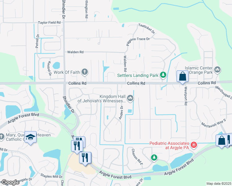 map of restaurants, bars, coffee shops, grocery stores, and more near 7660 Collins Ridge Boulevard in Jacksonville