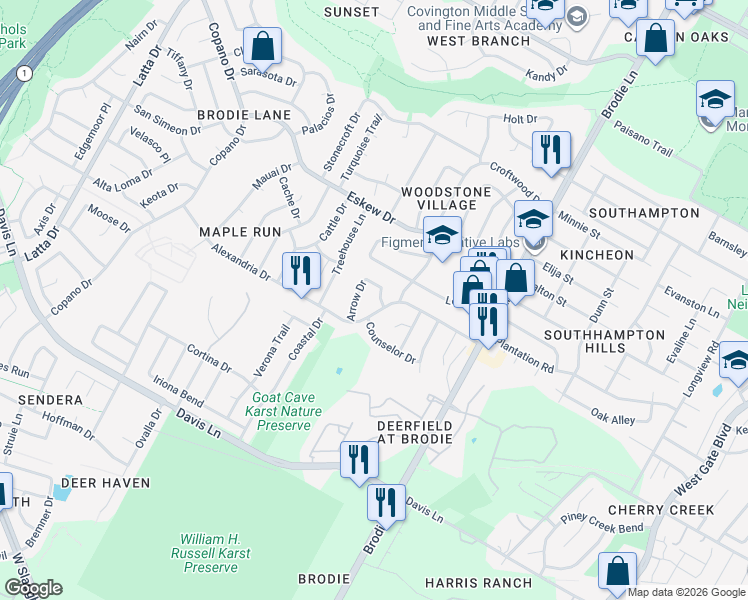 map of restaurants, bars, coffee shops, grocery stores, and more near 3803 Arrow Drive in Austin