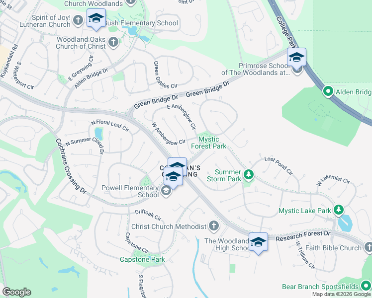 map of restaurants, bars, coffee shops, grocery stores, and more near 15 South Duskwood Place in Spring