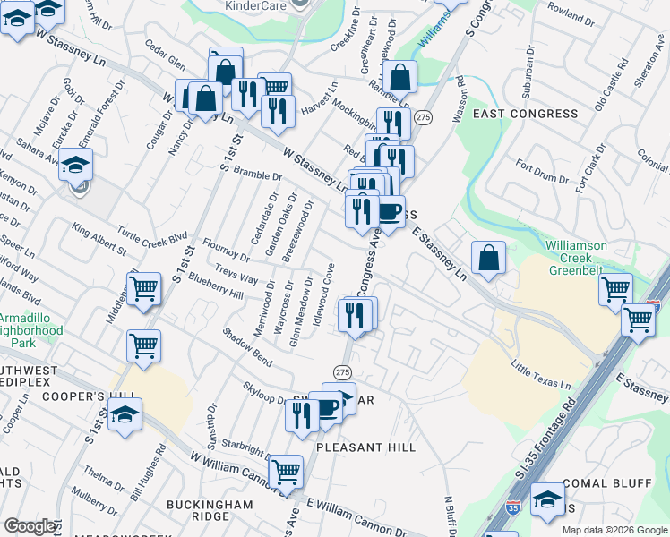 map of restaurants, bars, coffee shops, grocery stores, and more near 5919 Idlewood Cove in Austin