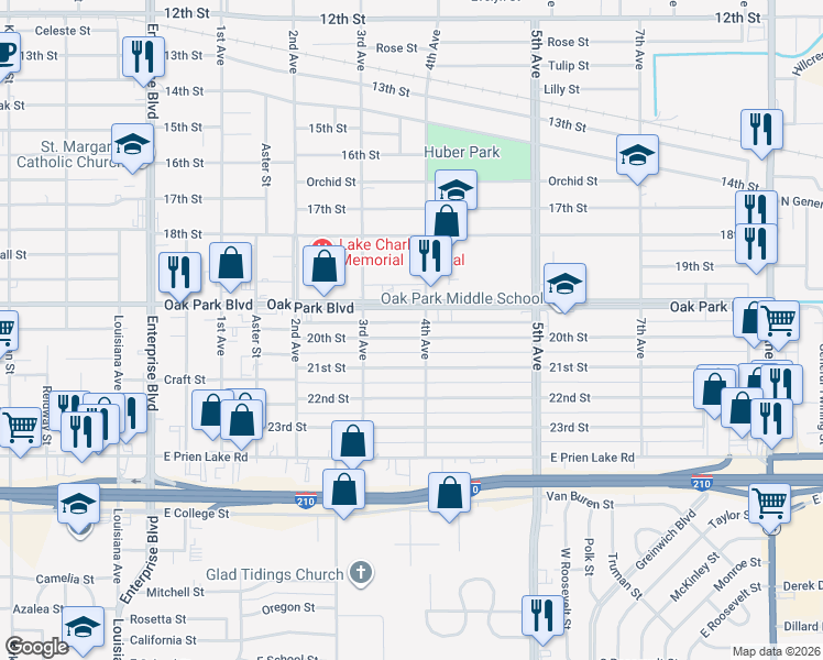 map of restaurants, bars, coffee shops, grocery stores, and more near 2901-2999 4th Ave in Lake Charles