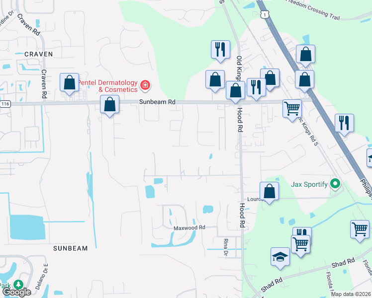 map of restaurants, bars, coffee shops, grocery stores, and more near 4860 Red Egret Drive in Jacksonville