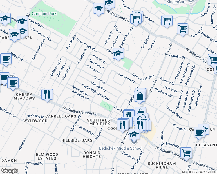map of restaurants, bars, coffee shops, grocery stores, and more near 1005 Speer Lane in Austin