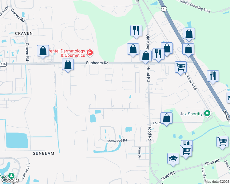 map of restaurants, bars, coffee shops, grocery stores, and more near 4860 Red Egret Drive in Jacksonville
