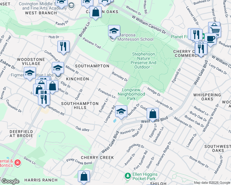map of restaurants, bars, coffee shops, grocery stores, and more near 7705 Evaline Lane in Austin