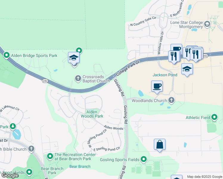 map of restaurants, bars, coffee shops, grocery stores, and more near 7575 Gosling Road in The Woodlands