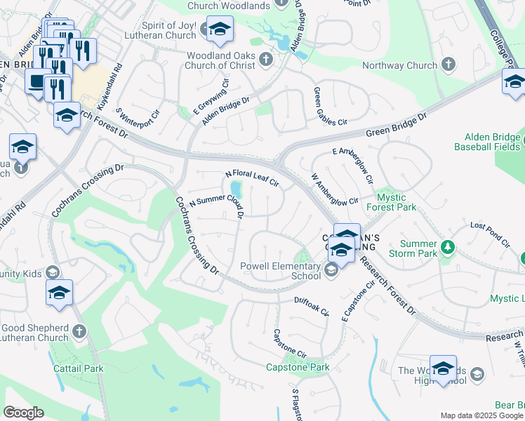 map of restaurants, bars, coffee shops, grocery stores, and more near 23 Wingspan Drive in Spring