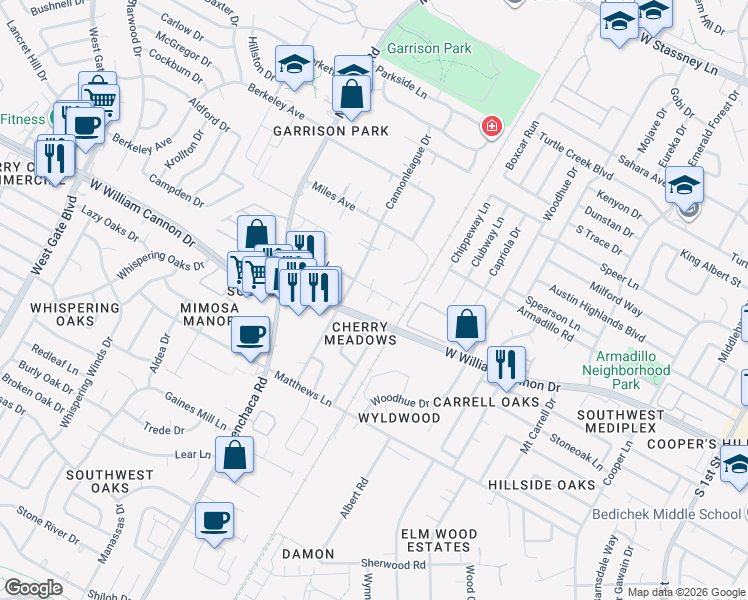 map of restaurants, bars, coffee shops, grocery stores, and more near 6803 Meadow Circle in Austin