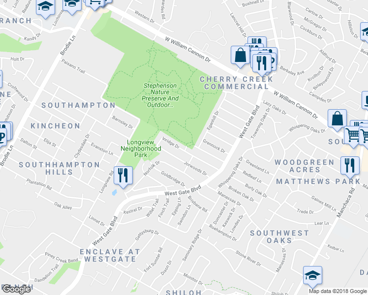 map of restaurants, bars, coffee shops, grocery stores, and more near 2808 Inridge Drive in Austin