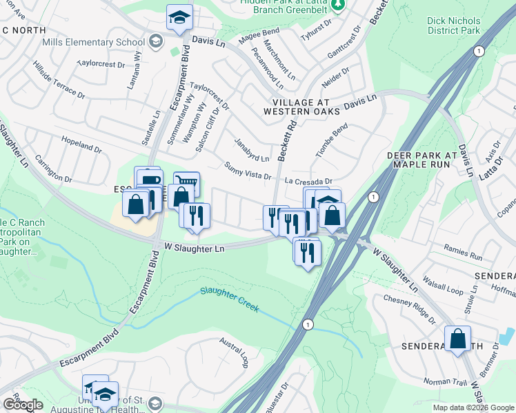map of restaurants, bars, coffee shops, grocery stores, and more near 6420 York Bridge Circle in Austin