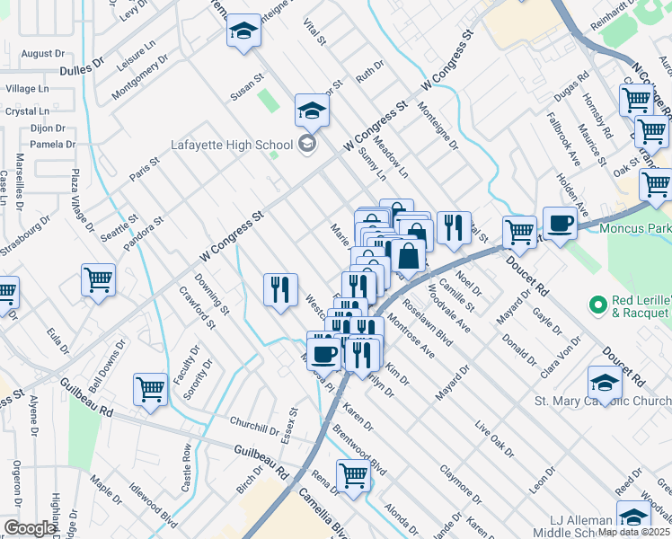 map of restaurants, bars, coffee shops, grocery stores, and more near 201 Leonie Street in Lafayette