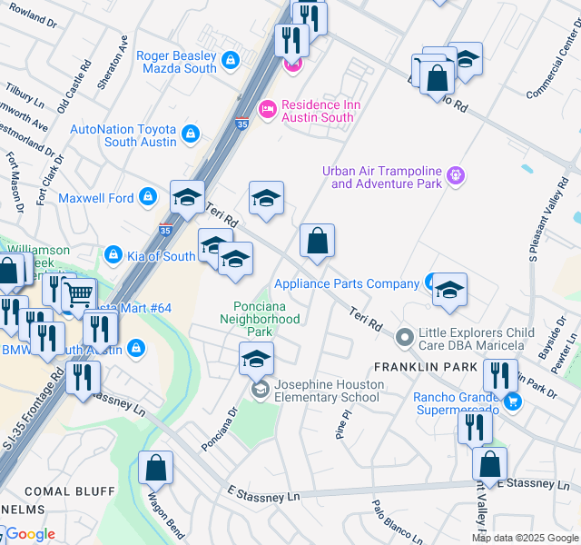 map of restaurants, bars, coffee shops, grocery stores, and more near 5002 Merritt Drive in Austin