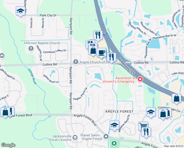 map of restaurants, bars, coffee shops, grocery stores, and more near 7081 Swamp Flower Lane in Jacksonville