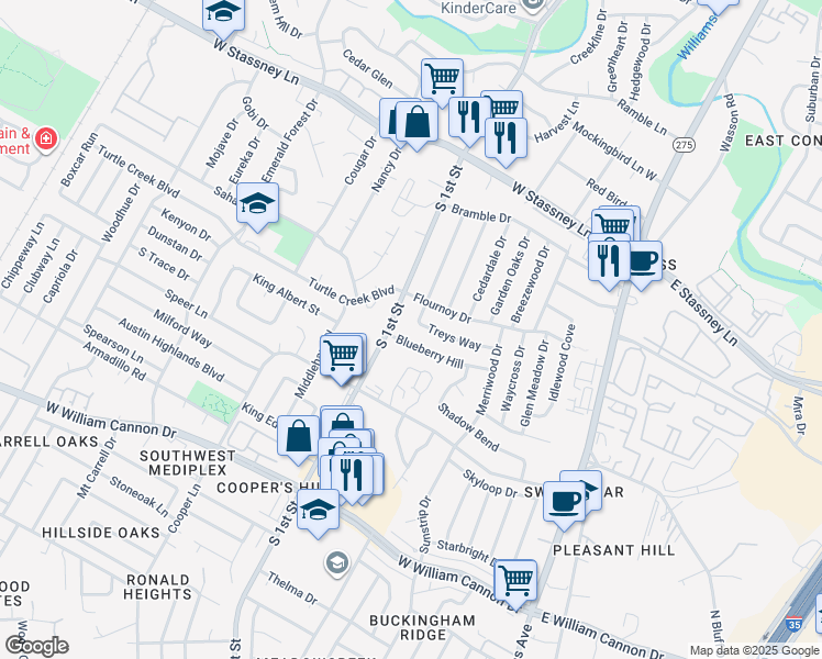 map of restaurants, bars, coffee shops, grocery stores, and more near 607 Treys Way in Austin
