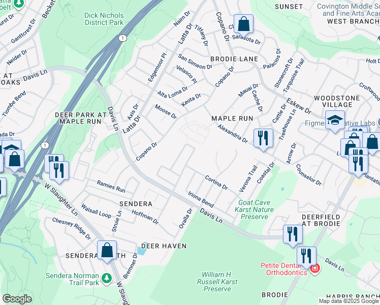 map of restaurants, bars, coffee shops, grocery stores, and more near 8708 Corran Ferry Drive in Austin
