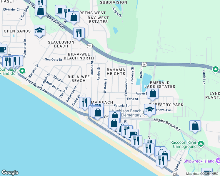 map of restaurants, bars, coffee shops, grocery stores, and more near 316 Dogwood Street in Panama City Beach