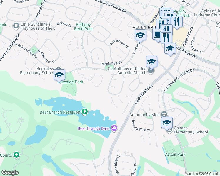 map of restaurants, bars, coffee shops, grocery stores, and more near 19 Flintshire Place in Spring