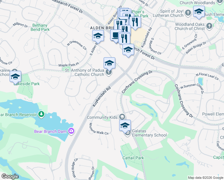 map of restaurants, bars, coffee shops, grocery stores, and more near 16 Spiral Leaf Court in Spring