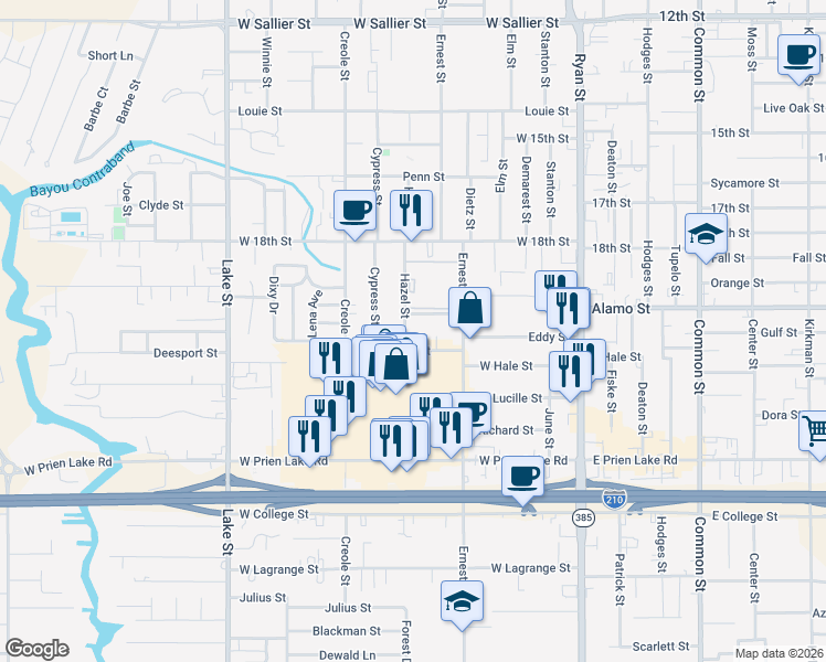 map of restaurants, bars, coffee shops, grocery stores, and more near 2915 Hazel Street in Lake Charles