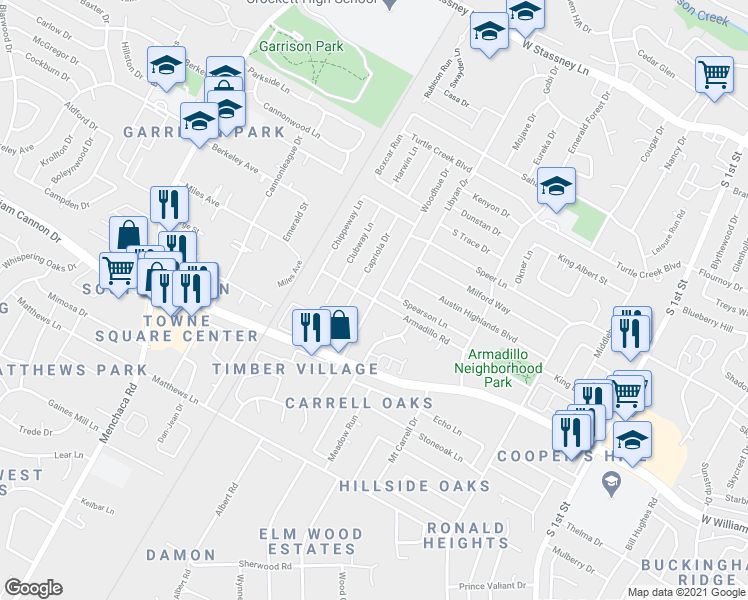 map of restaurants, bars, coffee shops, grocery stores, and more near Woodhue Dr & Armadillo Rd in Austin