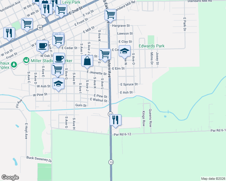 map of restaurants, bars, coffee shops, grocery stores, and more near 1003 South Eastern Avenue in Crowley