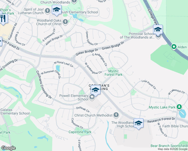 map of restaurants, bars, coffee shops, grocery stores, and more near 198 W Amberglow Cir in Spring