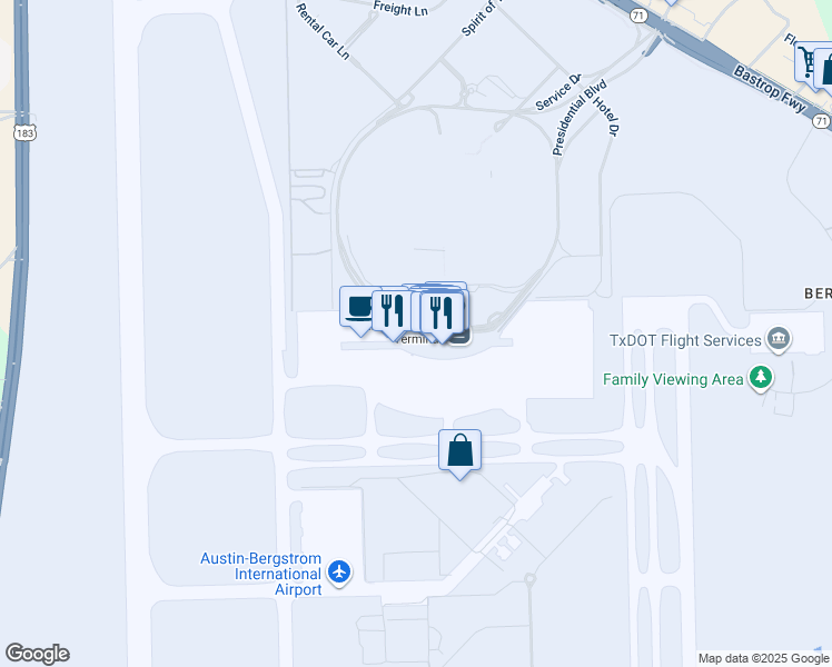 map of restaurants, bars, coffee shops, grocery stores, and more near 3600 Presidential Boulevard in Austin