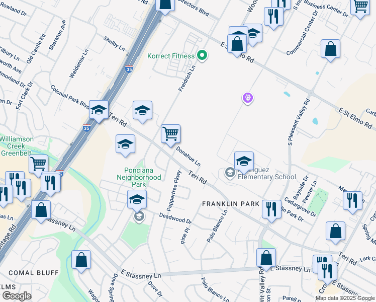 map of restaurants, bars, coffee shops, grocery stores, and more near 2112 Donahue Lane in Austin