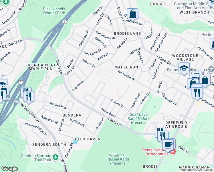 map of restaurants, bars, coffee shops, grocery stores, and more near 8708 Corran Ferry Drive in Austin