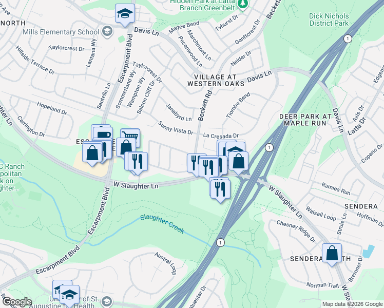 map of restaurants, bars, coffee shops, grocery stores, and more near 6420 York Bridge Circle in Austin