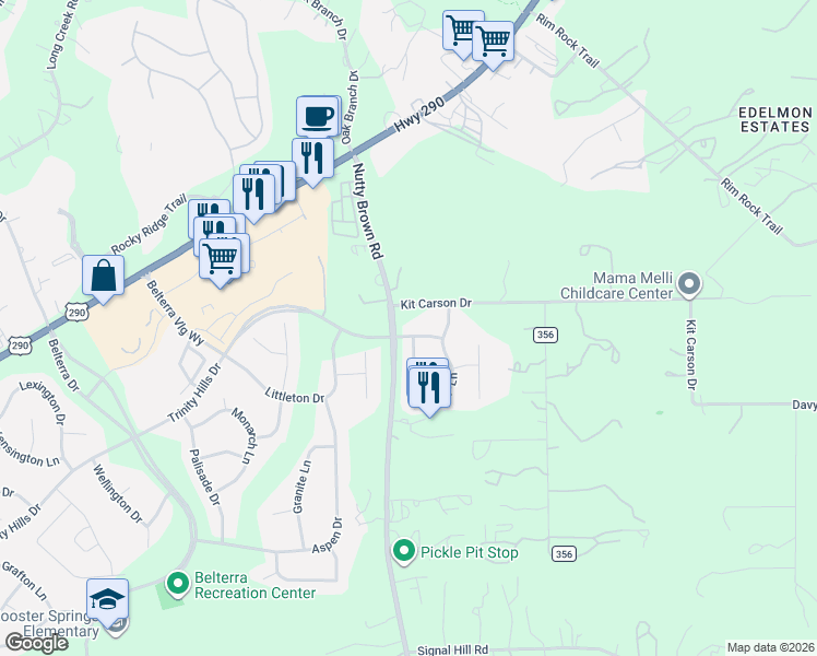 map of restaurants, bars, coffee shops, grocery stores, and more near 1523 Trinity Hills Drive in Austin
