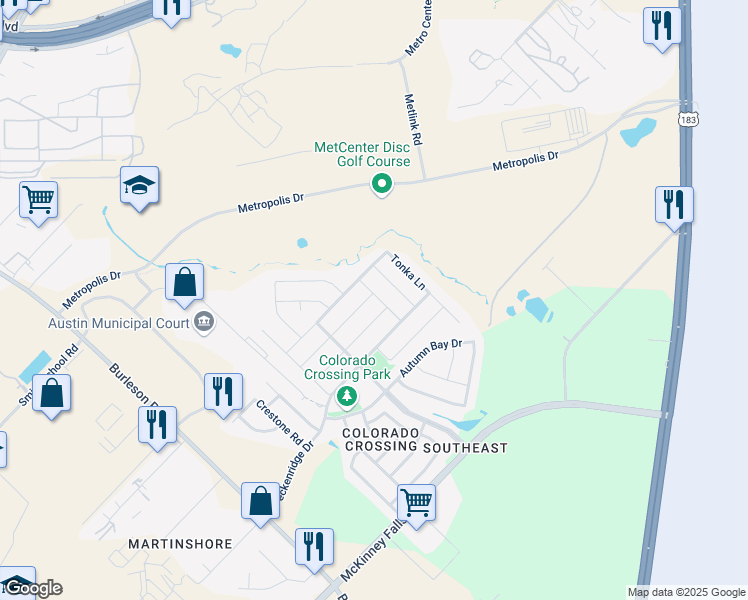 map of restaurants, bars, coffee shops, grocery stores, and more near 3501 Black Granite Drive in Austin