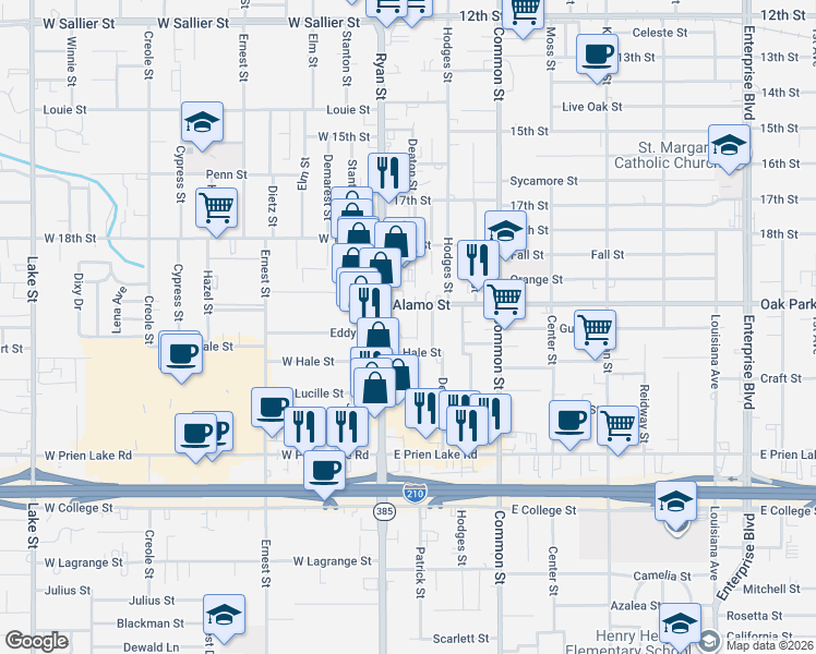 map of restaurants, bars, coffee shops, grocery stores, and more near 2908 Fiske St in Lake Charles