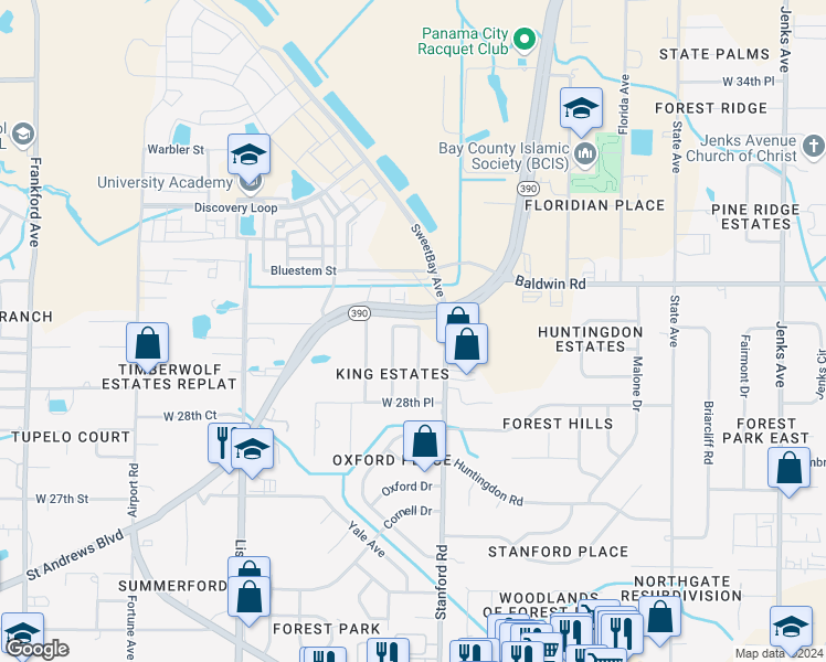 map of restaurants, bars, coffee shops, grocery stores, and more near 3111 Lawton Court in Panama City