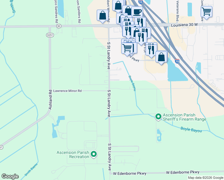 map of restaurants, bars, coffee shops, grocery stores, and more near 9244 South Saint Landry Avenue in Gonzales