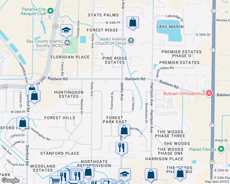 map of restaurants, bars, coffee shops, grocery stores, and more near 3000 Fairmont Drive in Panama City