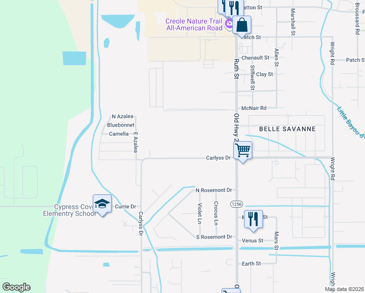 map of restaurants, bars, coffee shops, grocery stores, and more near 317 Carlyss Dr in Sulphur