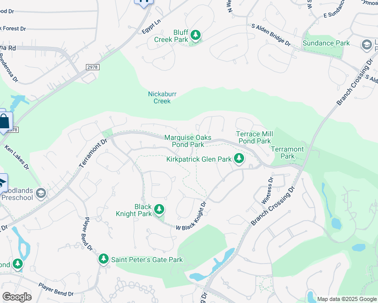 map of restaurants, bars, coffee shops, grocery stores, and more near 6 Player Oaks Place in Spring