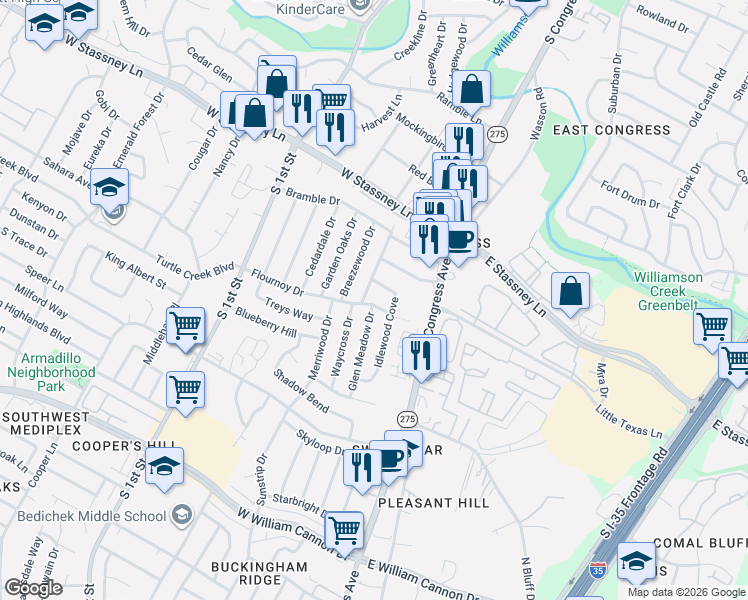 map of restaurants, bars, coffee shops, grocery stores, and more near 208 Flournoy Drive in Austin