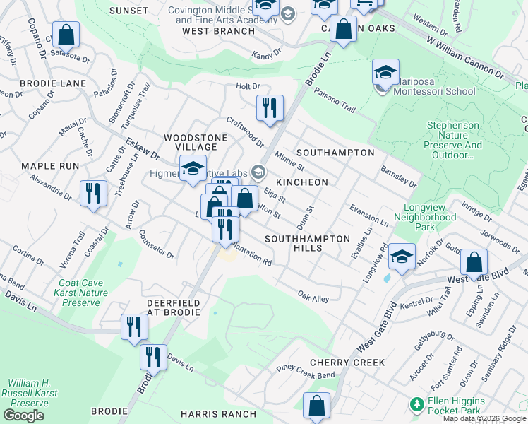 map of restaurants, bars, coffee shops, grocery stores, and more near 3413 Dalton Street in Austin