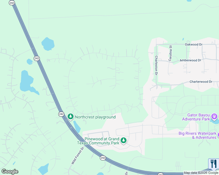 map of restaurants, bars, coffee shops, grocery stores, and more near 17142 Mustang Lane in New Caney