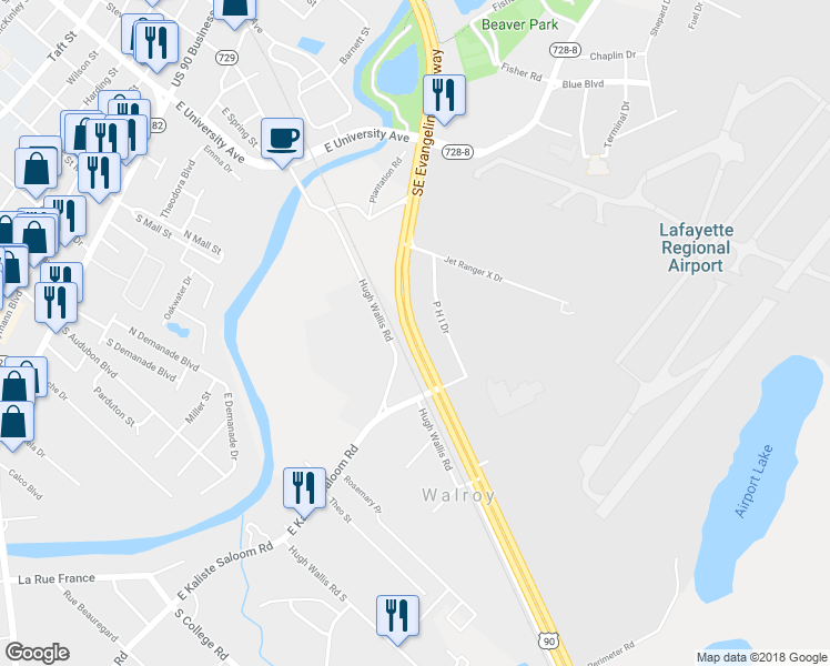 map of restaurants, bars, coffee shops, grocery stores, and more near 877 Southeast Evangeline Thruway in Lafayette