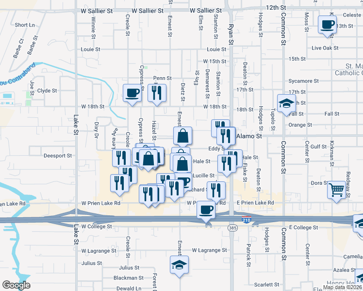 map of restaurants, bars, coffee shops, grocery stores, and more near 2916 Ernest Street in Lake Charles