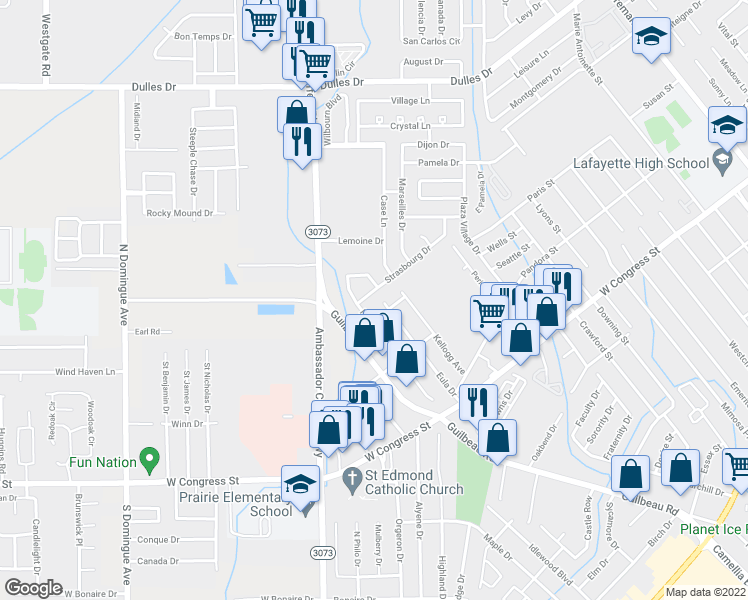 map of restaurants, bars, coffee shops, grocery stores, and more near 505 Strasbourg Dr in Lafayette