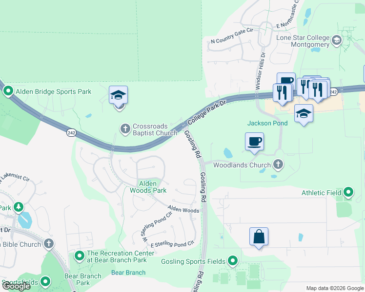 map of restaurants, bars, coffee shops, grocery stores, and more near 7569 Gosling Road in Spring