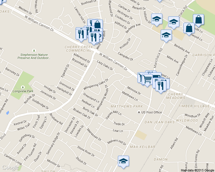 map of restaurants, bars, coffee shops, grocery stores, and more near 7204 Twisted Oaks Drive in Austin