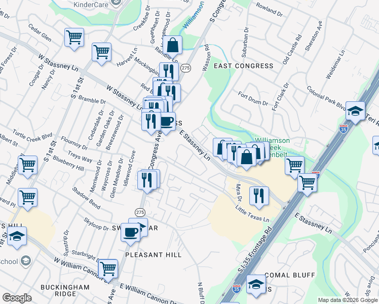 map of restaurants, bars, coffee shops, grocery stores, and more near 501 East Stassney Lane in Austin