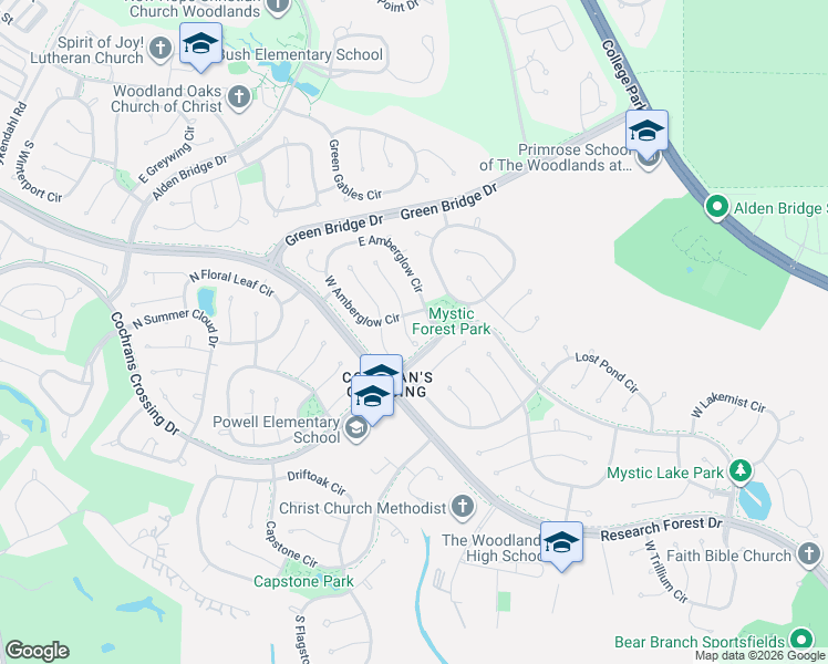 map of restaurants, bars, coffee shops, grocery stores, and more near 15 South Duskwood Place in Spring